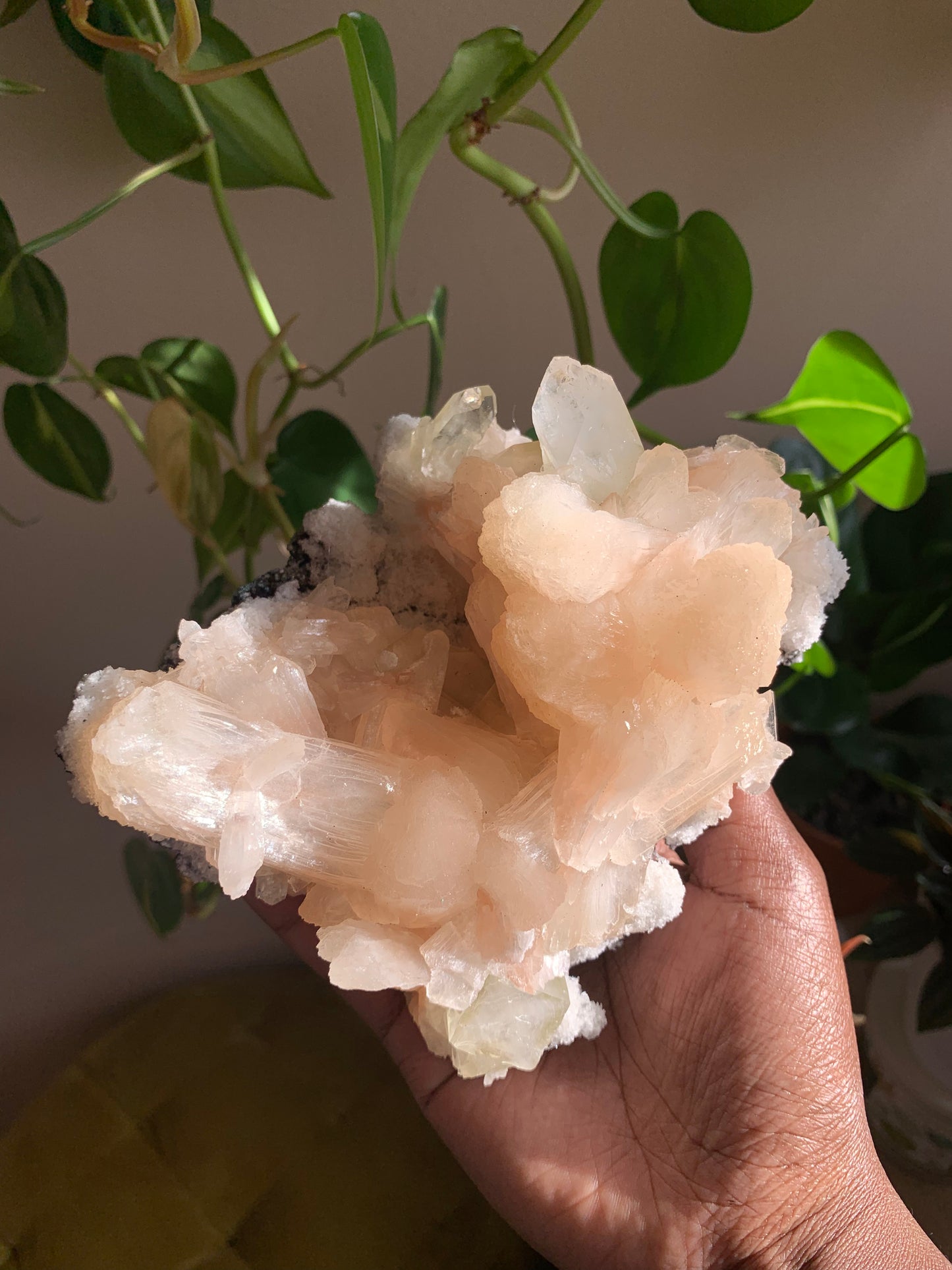 Green Apophyllite with Stilbite on Druzy Chalcedony